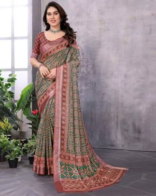 TANURI Printed Bollywood Cotton Linen, Art Silk Saree(Multicolor)