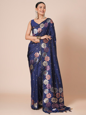 Sareemall Woven Banarasi Silk Blend Saree(Dark Blue)