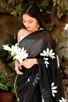 Soor Panchi Printed Bollywood Cotton Linen Saree(Black)