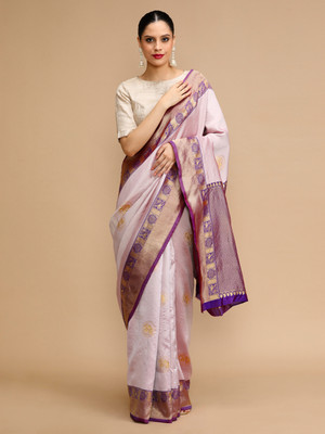 House of Pataudi Woven Banarasi Silk Blend Saree(White)