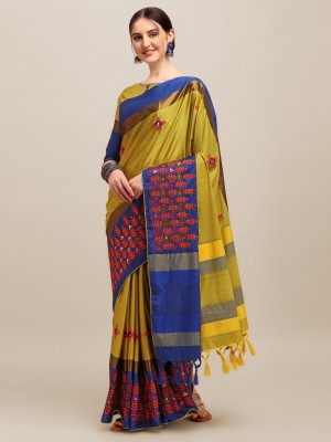 KAVINDI Embroidered Baluchari Cotton Silk Saree(Yellow, Blue)