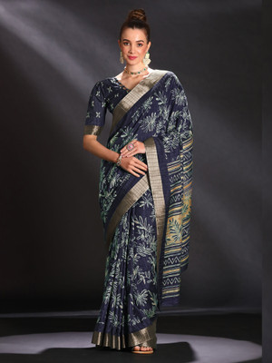 Sareemall Printed Madurai Silk Blend Saree(Dark Blue)