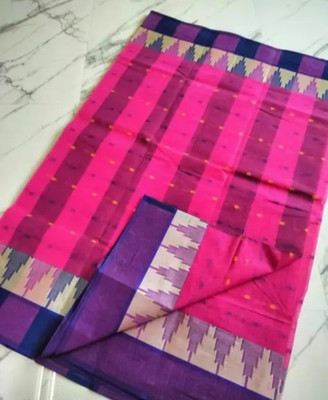 NADIA HANDALOOM Woven, Temple Border Tant Pure Cotton Saree(Pink, Blue)