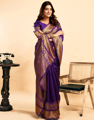 Samah Embellished, Woven, Self Design Kanjivaram Silk Blend, Jacquard Saree(Purple)