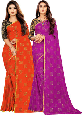 Desi Style Printed Bollywood Net, Chiffon Saree(Pack of 2, Orange, Magenta)