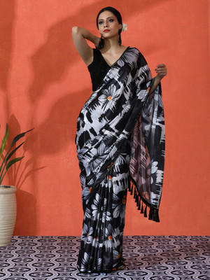 Sangria Printed Daily Wear Satin Saree(Black)