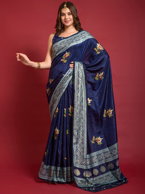 Divastri Printed Kalamkari Silk Blend Saree(Dark Blue)