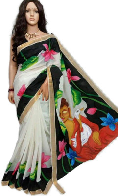 cloud vastra Hand Painted Kasavu Pure Cotton Saree(Multicolor)