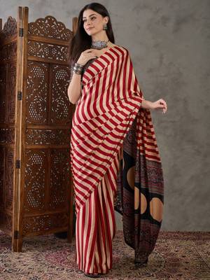 HouseOfCommon Striped, Digital Print Bollywood Silk Blend Saree(Red, Cream)