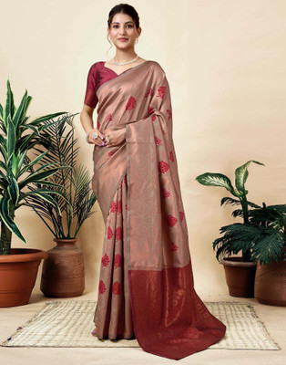 Falessa Woven Banarasi Silk Blend Saree(Brown, Maroon)