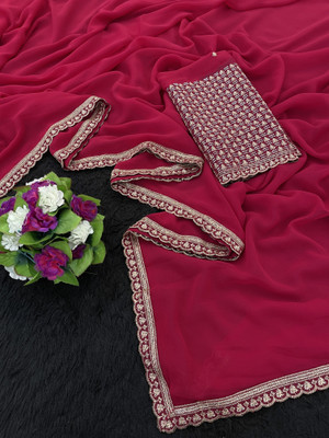 V AMAN FASHION Solid/Plain, Self Design, Embroidered Bollywood Chiffon Saree(Red)