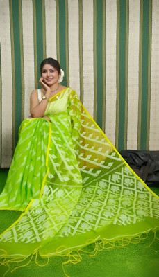 AKfasionN Embellished Jamdani Cotton Blend Saree(Green)