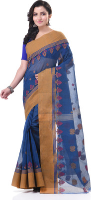 TANTLOOM Floral Print Handloom Pure Cotton Saree(Blue)
