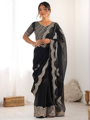 RHEY Embellished, Embroidered Bollywood Organza, Jimmy choo Saree(Black)