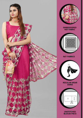 Yashvi Designer Embroidered Bollywood Net Saree(Pink)