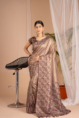 WISHLIST Digital Print Banarasi Silk Blend Saree(Brown)