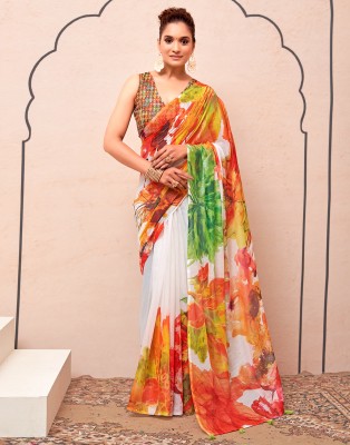 Samah Floral Print, Printed Bollywood Cotton Silk Saree(White, Multicolor)