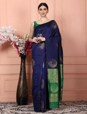 vasthralaya Self Design Daily Wear Silk Blend Saree(Dark Blue)