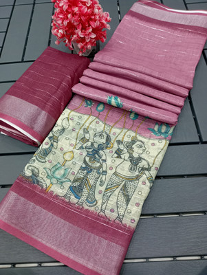 M MAANVIT Printed Kanjivaram Pure Cotton, Cotton Linen Saree(Pink)