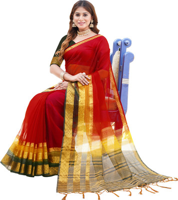 Aarunika IC Solid/Plain Bollywood Organza Saree(Red)