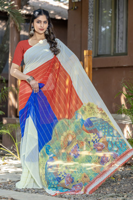 Leelavati Printed Daily Wear Chiffon Saree(White, Red, Blue)