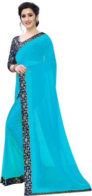 Queen worth Solid/Plain Bollywood Georgette Saree(Light Blue, Dark Blue)