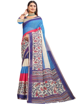 HouseOfCommon Printed Kanjivaram Pure Cotton, Cotton Linen Saree(Blue)
