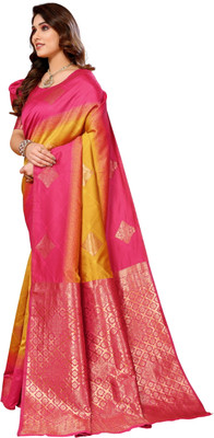 HITESH ENTEPRISE Woven Kanjivaram Pure Silk Saree(Yellow, Red)