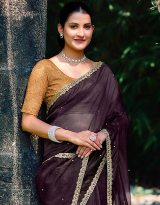 Samah Dyed, Embellished, Self Design Bollywood Net, Lace Saree(Purple)