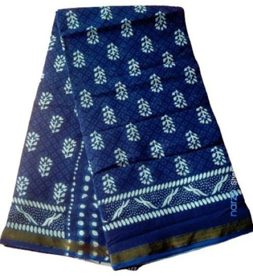 Maa Dhanalaxmi Textile Printed Handloom Handloom Pure Cotton Saree(White, Dark Blue)