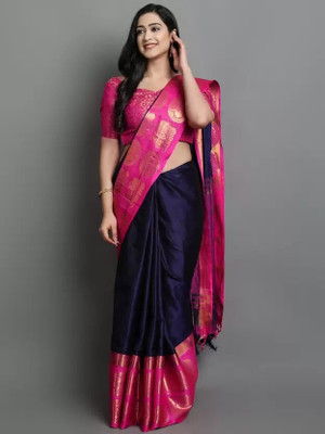 VKARAN Woven Bollywood Pure Silk Saree(Dark Blue)