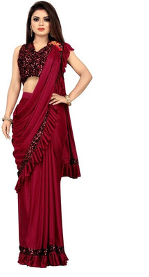 LGCREATION Solid/Plain Bollywood Lycra Blend Saree(Maroon)