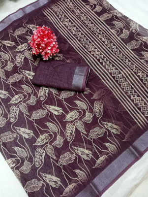 HouseOfCommon Printed Kanjivaram Linen, Cotton Linen Saree(Magenta)