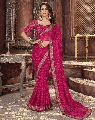 SIRIL Embroidered, Striped Leheria Georgette Saree(Pink)