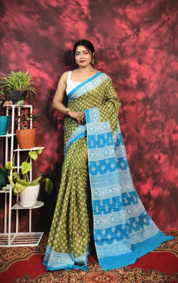 SARATHITEXTILE Printed Hand Batik Cotton Blend Saree(Green)