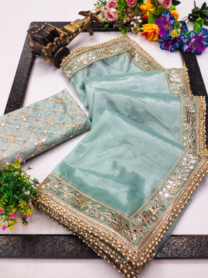 LADYZILLA Embroidered Bollywood Net Saree(Blue)