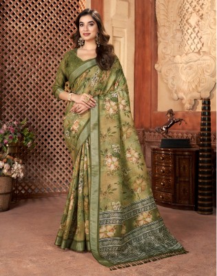 Satrani Digital Print, Embellished Bollywood Linen Saree(Green, Multicolor)