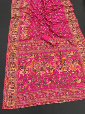 Aura silk Floral Print Daily Wear Semi-Pashmina Saree(Pink)