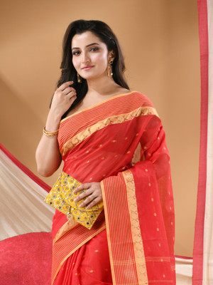 Desh Bidesh Self Design, Solid/Plain, Striped Handloom Handloom Cotton Blend, Pure Cotton Saree(Red)