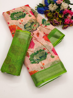 Million Brands Digital Print, Embellished Daily Wear Cotton Linen, Art Silk Saree(Yellow)