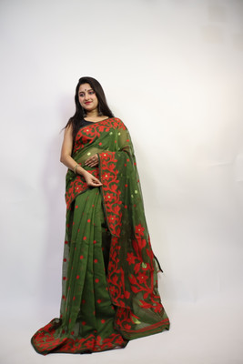 Anu Solid/Plain Jamdani Cotton Blend Saree(Dark Green)