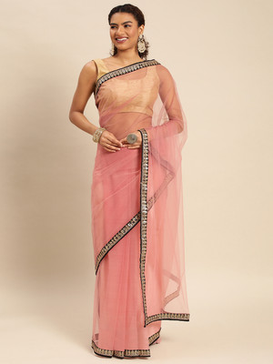 KASEE Solid/Plain Bollywood Net Saree(Pink)