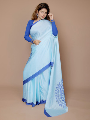 ANOUK Printed Saree with Attached Blouse Satin Saree(Blue)