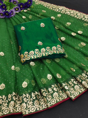 MAHADEV Self Design, Embroidered Bollywood Net Saree(Green)