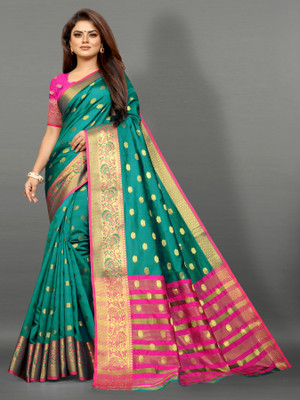 Karmnath Woven, Paisley, Self Design Banarasi Pure Silk, Cotton Silk Saree(Light Blue)