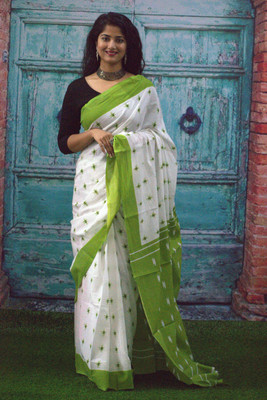 Kiaaron Printed Ikkat Pure Cotton Saree(White)