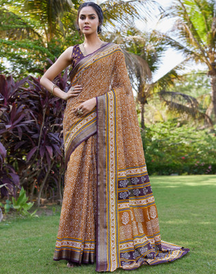 Tasrika Blocked Printed, Printed Daily Wear Pure Cotton Saree(Yellow, Maroon, White)