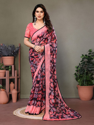 AWESOME Printed, Floral Print Bollywood Georgette, Silk Blend Saree(Red)