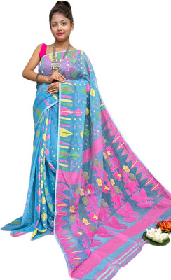basak creation Woven Jamdani Cotton Blend Saree(Mustard)