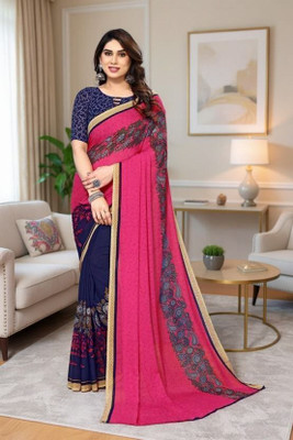 SmittenSmit Printed Bollywood Georgette Saree(Pink, Dark Blue)